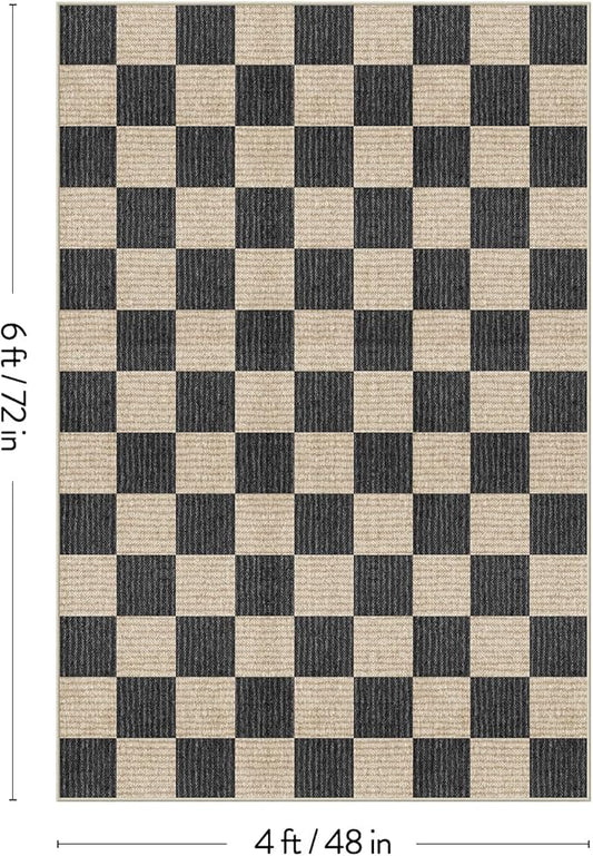 LIVEBOX 4x6 Washable Area Rug Checkered, Non-Slip Small Entryway Rug Black Farmhouse Neutral Classic Geometric Boys Rug for Bedroom Living Room Low-Pile Carpet for Indoor Kitchen Bathroom(Black 4'x6')
