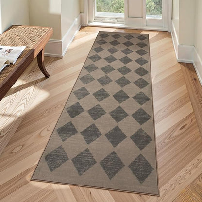 Lahome Checkered Washable 2x6 Brown Runners for Hallways Non Slip, Ultra-Thin Kitchen Bathroom Runner Rugs, Moroccan Trellis Throw Carpet Runner for Bedroom Entryway Decor (2'x6',Brown)