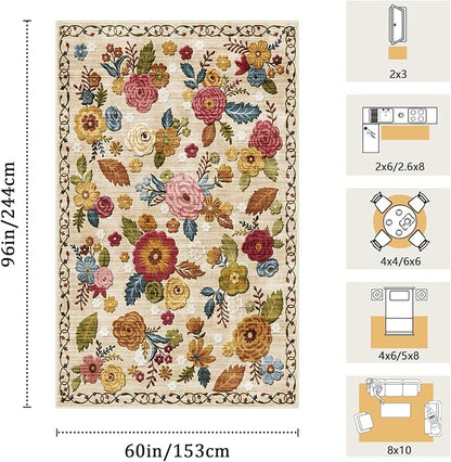 5x8 Machine Washable Area Rug for Living Room, Beige Vintage Boho Floral Rug Large Non-Slip Low Pile Soft Faux Wool Carpet, Kids and Pets Friendly for Bedroom Dining Room Farmhouse Home Decor Rug