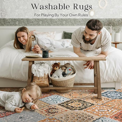 Phantoscope Washable Area Rug 8'x10' Non-Slip, Vintage Boho Rugs for Living Room, Bedroom, Dining Room, Distressed Moroccan Mosaic Diamond Pattern, Low-Pile Foldable Floor Carpet, Terracotta/Rust