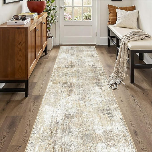 Washable Area Rugs 2'x10' Non-Slip Modern Abstract Soft for Living Room Entryway Bedroom Nursery, Print Pattern, Neutral Brown Gray
