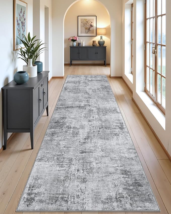 DEXI Hallway Runner Rug 3x10, Modern Abstract Non Slip Thin Soft Runners Carpet, Stain Resistant Washable Indoor Rug for Hallway Entryway Kitchen Laundry Room Living Room, Light Grey