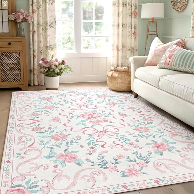 Pink Rug Bow Floral Rug 3x5, Washable Boho Area Rugs Non Slip Low Pile Carpet for Girls Room Bedroom, Bedside, Kitchen, Entryway, Kids Room, Soft Ultra-Thin Indoor Elegant Rugs