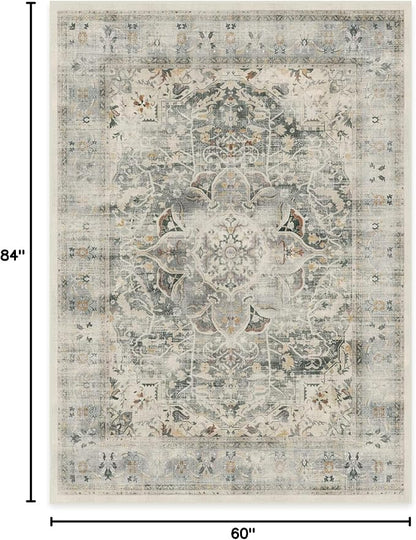 RUGGABLE Washable Vintage Area Rug – Sarrah Sage 5x7, Stain-Resistant, Non-Slip – Medium Machine Washable Rugs for Living Room, Bedroom, Hallway, Entryway & Office–with Cushioned Pad