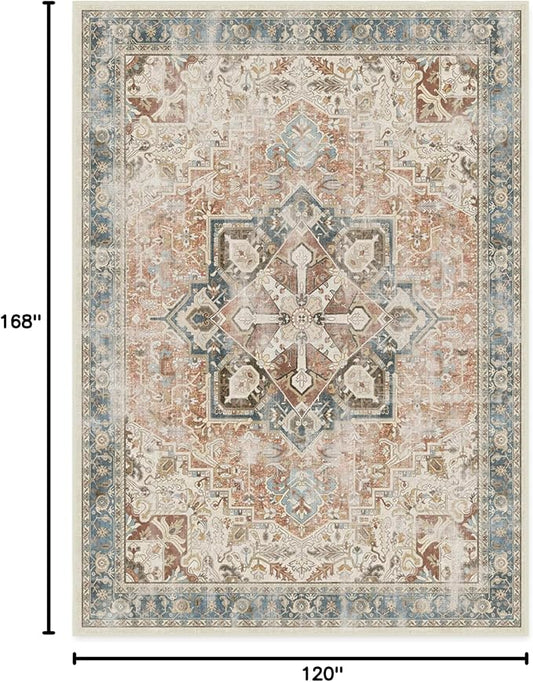 RUGGABLE Washable Vintage Area Rug – Kamran Coral 10x14, Stain-Resistant, Non-Slip – Large Machine Washable Rugs for Living Room, Bedroom, Hallway, Entryway & Office–with Standard Pad