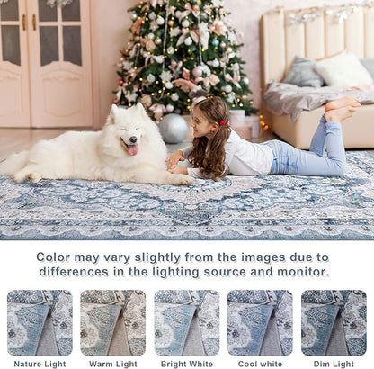 6x9 Area Rug for Bedroom, Machine Washable Rugs with Non-Slip Backing for Living Room, Large Vintage Carpet Kitchen Laundry Kids Room Decor, Blue & Beige