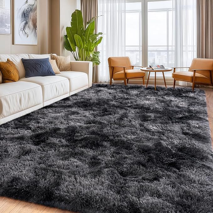 Tie-Dyed Black Grey Shaggy Rugs Fluffy Carpets, Indoor Modern Plush Area Rugs for Living Room, Upgrade Anti-Skid Area Rug, Rectangular 9x12 Feet Fuzzy Rug for Nursery Home Decor