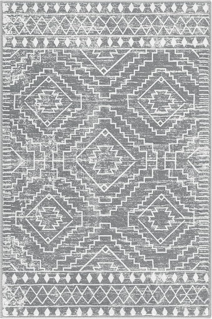 Wonnitar Moroccan Washable Rugs 4x6, Non-Slip Gray Living Room Area Rug, Boho Soft Large Rugs for Bedroom, Geometric Non-Shedding Thin Floor Carpet for Entry Kitchen Mud Room (Silver Grey,4'x6')