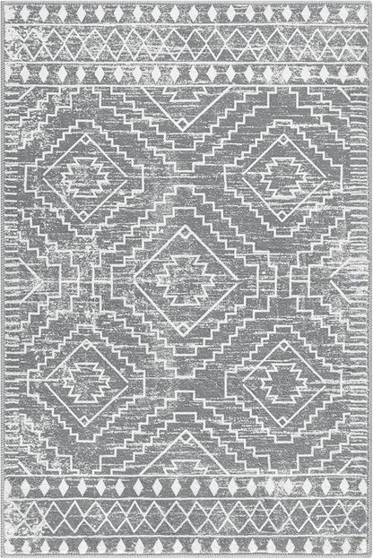 Wonnitar Moroccan Washable Rugs 4x6, Non-Slip Gray Living Room Area Rug, Boho Soft Large Rugs for Bedroom, Geometric Non-Shedding Thin Floor Carpet for Entry Kitchen Mud Room (Silver Grey,4'x6')