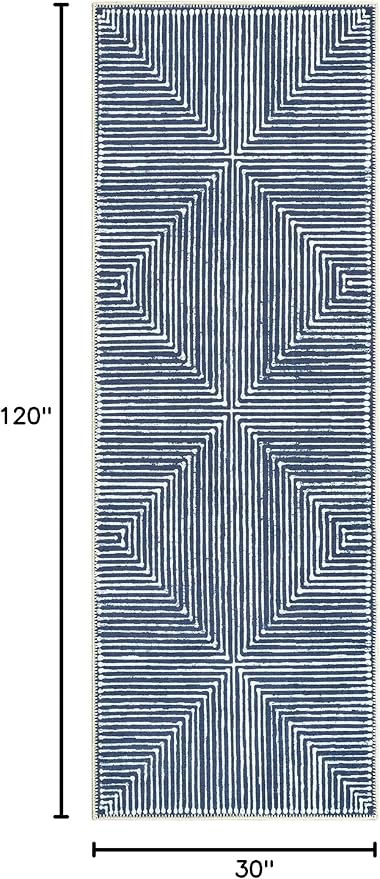 Bloom Rugs Washable Non-Slip 10 ft Runner - Blue Striped Runner for Entryway, Hallway, Bathroom, and Kitchen - Exact Size: 2.5' x 10'