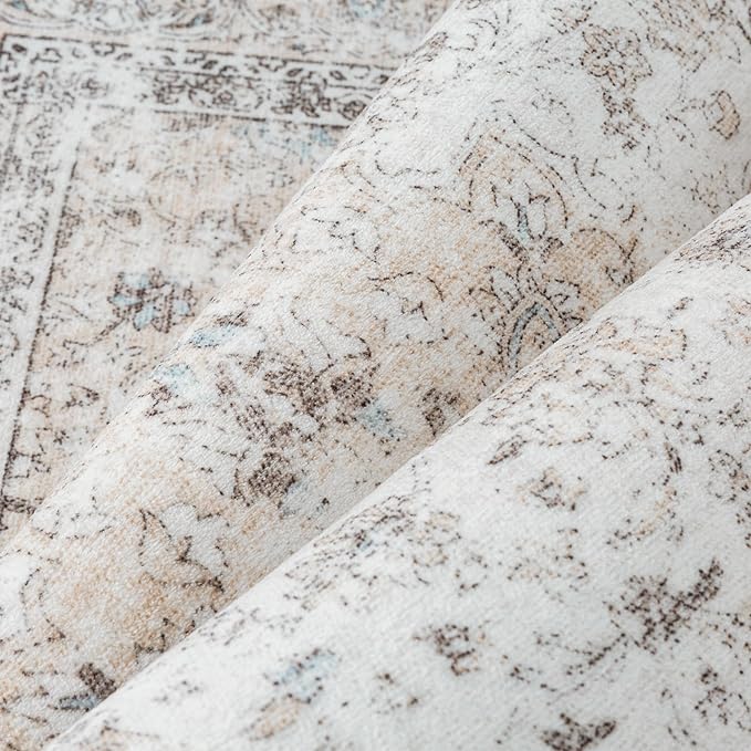 3x8 Washable Vintage Runner Rug for Living Room Bedroom Beige Grey Soft Tranditional Non Slip Runner Rug Lightweight Floral Low Pile Distressed Carpet Hallway Kitchen Bedroom Office