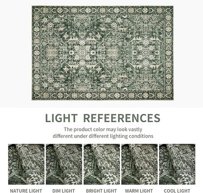 Area Rug 6×9 Washable Rugs for Bedroom, Vintage Floral Rug Soft Non Slip Stain Resistant Carpet for Living Room Dinning Room Kitchen Home Office Green Black