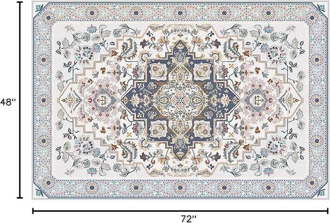 Phantoscope Washable Area Rug 4'x6' Non-Slip, Vintage Boho Rugs for Living Room, Bedroom, Dining Room, Persian Floral Medallion Pattern, Low-Pile Foldable Floor Carpet, Ivory Blue/Garden Bloom