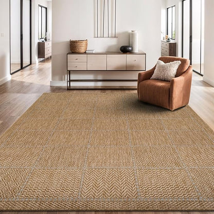 Beverly Rug Easy Jute Checkered Squared Rug 4x6 Washable Durable Indoor Outdoor Area Rugs for Living Dining Room Patio Office Stain Resistant Non Shedding Casual Indoor Outside Carpet 4 x 6 Natural