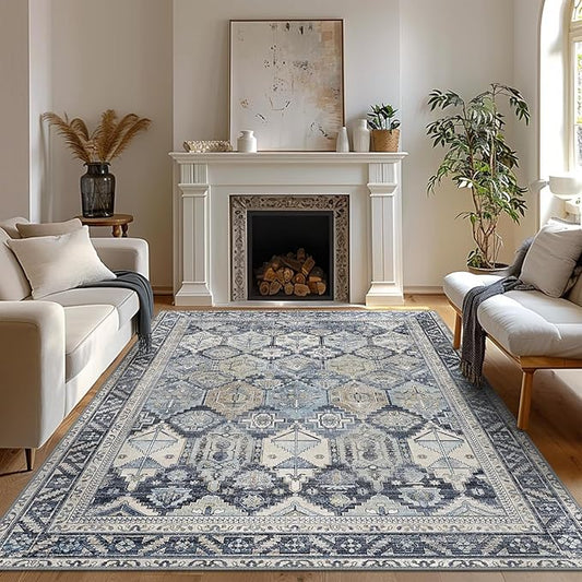 Bavni Washable Rug 5x7 Area Rug for Living Room Bedroom Dining, Washable Vintage Print Carpet, Ultra-Thin Chenille Low Pile Lightweight Rug with Non Slip Backing, Blue