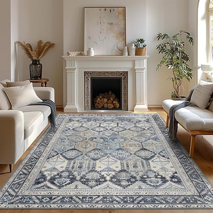 Bavni Washable Rug 6x9 Area Rug for Living Room Bedroom Dining, Washable Vintage Print Carpet, Ultra-Thin Chenille Low Pile Lightweight Rug with Non Slip Backing, Blue