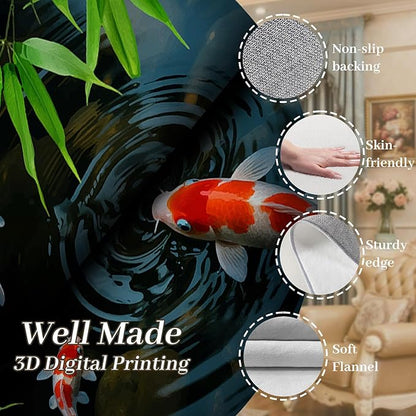 Pond Koi Fish Living Room Rug, 5x6ft, Summer Greenery Moss Stream Indoor Decor Carpet, with Non-Slip Backing Absorbent Thin Mat, Soft Easy Clean Washable Rugs for Office Entryway