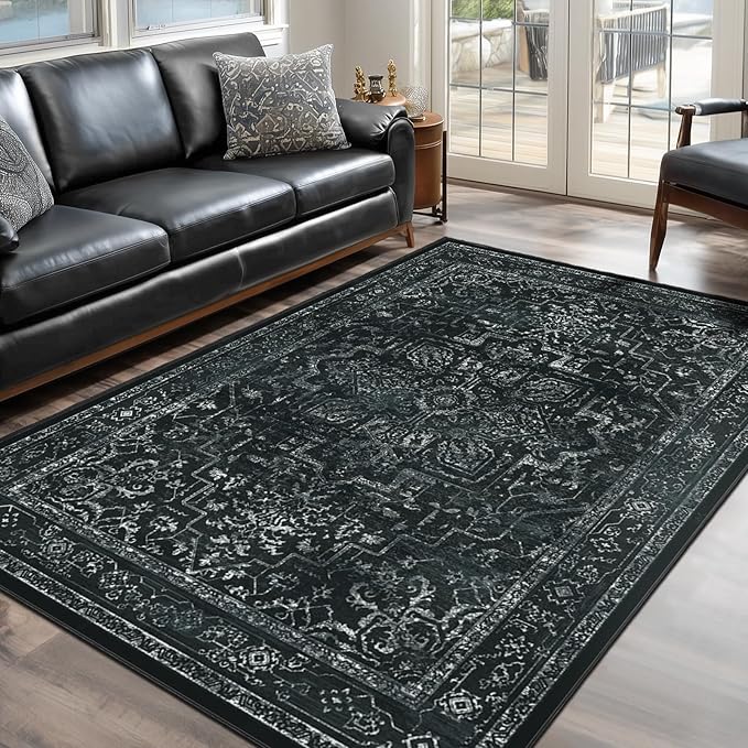 Vintage Dark Area Rugs 5x8, Non Slip Washable Rug for Living Room Bedroom, Medallion Distressed Printed Low Pile Thin Carpet Rugs for Dining Room/Kitchen/Home Office, Black and White