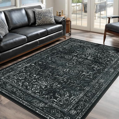 Vintage Black Washable Area Rugs 5x7 for Living Room, Distressed Medallion Printed Rugs for Bedroom, Non Slip Washable Low Pile Thin Carpet Rugs for Dining Room/Kitchen/Foyer/Home Office