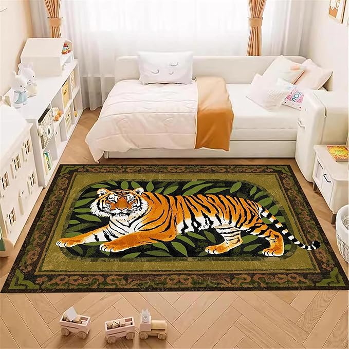 Tiger Area Rug,6x8ft, Tiger Print Rug,Tiger Themed Stylish Rug, Bohemian Vintage Tiger Print Rug, Non-Slip Washable Rug for Living Room Bedroom Dining Room Kids Room Decoration