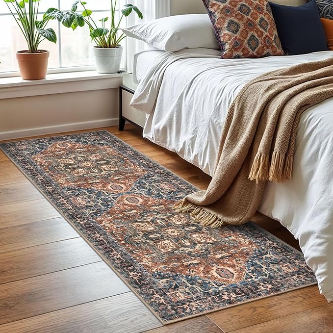 KOZYFLY Runners for Hallways 2x6 Ft Washable Kitchen Runner Rug Boho Runner Rug for Entryway Indoor Printed Oriental Faux Wool Floor Carpet Runner for Bedroom Kitchen Hall, Red/Navy Blue/Brown