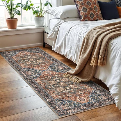 KOZYFLY Runners for Hallways 2x6 Ft Washable Kitchen Runner Rug Boho Runner Rug for Entryway Indoor Printed Oriental Faux Wool Floor Carpet Runner for Bedroom Kitchen Hall, Red/Navy Blue/Brown