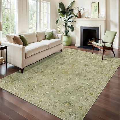 Tangsoo 8x10 Area Rug for Living Room, Washable Floral Vintage Indoor Non Slip Large Area Rugs, Print Distressed Flaxen Green Carpet, Soft Low Pile Foldable Floor Rugs for Bedroom Dining Room