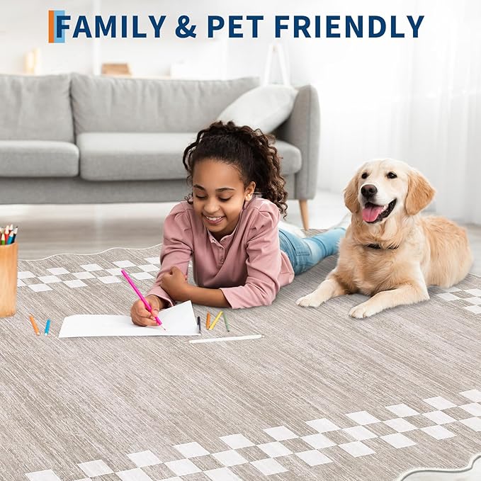 GarveeHome Washable Rug 5x7 for Living Room Large Bedroom Scalloped Rug Non Slip Stain Resistant Modern Border Throw Carpet Soft Boho Rug for Dining Room Nursery Home Office, Fog