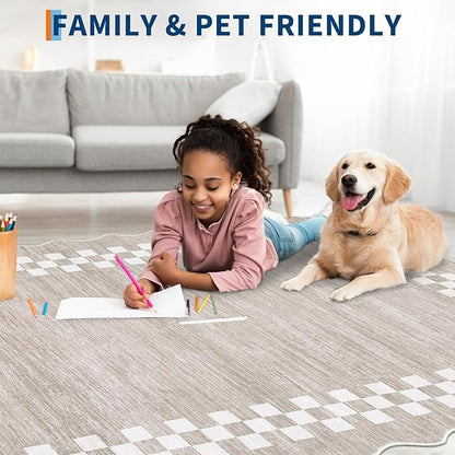 GarveeHome Washable Rug 5x7 for Living Room Large Bedroom Scalloped Rug Non Slip Stain Resistant Modern Border Throw Carpet Soft Boho Rug for Dining Room Nursery Home Office, Fog