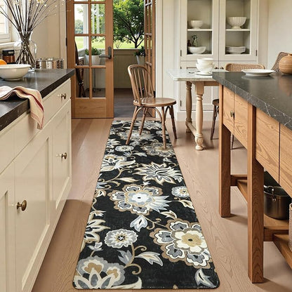 Lahome Floral Black Rug Runner - Runner Rug for Hallway 2x10 Non-Slip Stain Resistant Washable Runner Rugs for Kitchen Floor, Paisley Print Accent Ultra-Thin Carpet Runners for Bedroom Foyer Entryway
