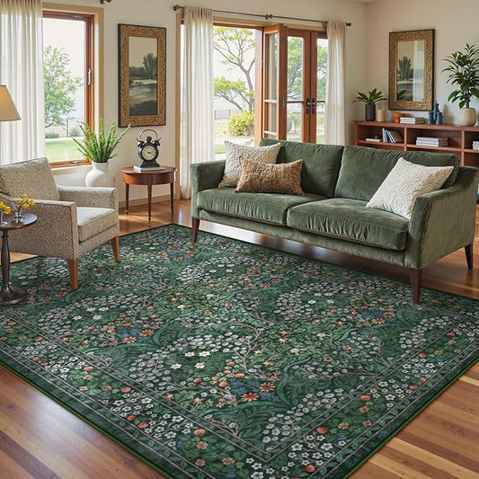 Lahome Floral Washable 6x9 Area Rugs, Soft Green Bedroom Rug for Living Room Ultra-Thin Non Slip Dining Room Rug, Stain Resistant Boho Easy Clean Throw Carpet for Office, Dark Green