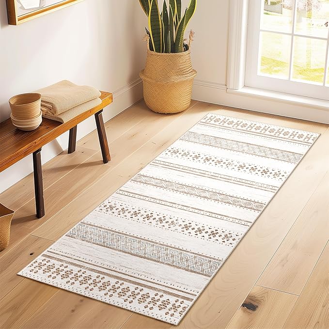 BESTSWEETIE 2x6 Area Rugs for Living Room Washable Moroccan Farmhouse Neutral Geometric Low Pile Non-Slip Soft Print Pattern Rug for Bedroom Kitchen Dining Room Entryway Cream/Brown/Pink