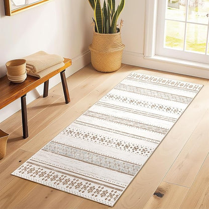 BESTSWEETIE 2x6 Area Rugs for Living Room Washable Moroccan Farmhouse Neutral Geometric Low Pile Non-Slip Soft Print Pattern Rug for Bedroom Kitchen Dining Room Entryway Cream/Brown/Pink