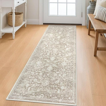 KILOCOCO Hallway Runner 2x6 Kitchen Runner Rug Printed Vintage Floral Washable Non-Slip Runners for Hallways Laundry Room Rugs Distressed Boho Rugs Runners for Bedroom, Beige
