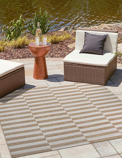 Unique Loom Outdoor Striped Collection Area Rug - Striped (10' Square Taupe/Ivory)