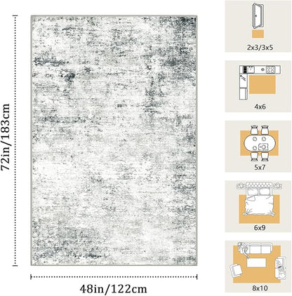 4x6 Machine Washable Area Rug for Living Room, Grey Modern Vintage Abstract Rug Large Non-Slip Low Pile Soft Faux Wool Carpet, Kids and Pets Friendly for Bedroom Dining Room Farmhouse Home Decor Rug