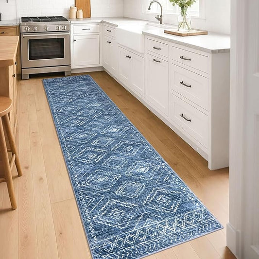 KILOCOCO Hallway Runner Rug 2x8 Runners for Hallways Washable Runner Rug Non Slip Rubber Backed Low-Pile Runners for Bedroom Kitchen Living Room Laundry Room Boho Rugs, Stonewashed Blue