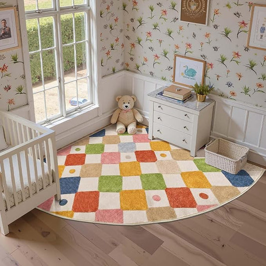 jinchan Macy Kids Rug for Nursery 6ft Radius Corner Washable Area Rug Modern Colorful Quarter Circle Rug Soft Non-Slip Carpet for Bedroom Playroom Daycare Reading Nook Classroom Circus on Cream