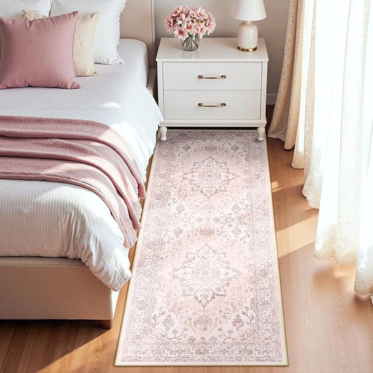 Area Rugs 2'x6' Washable Non-Slip, Floral Vintage Distress Print Pattern Medallion Carpet for Living Room Bedroom Dining Room, Pink Greypink Cute