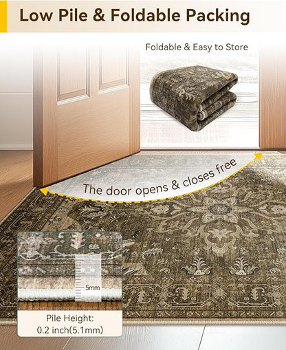 Area Rugs Round 6ft Washable Non-Slip, Floral Vintage Distress Print Pattern Medallion Carpet for Living Room Bedroom Dining Room, Brown Dark Brown