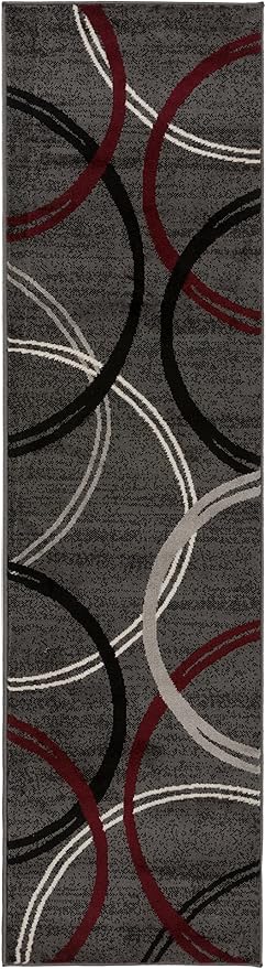 Rugshop Modern Wavy Circles Design Non-Shedding Runner Rug, Carpet for Hallway, Entryway, or Kitchen, Red, 2'7" x 10'