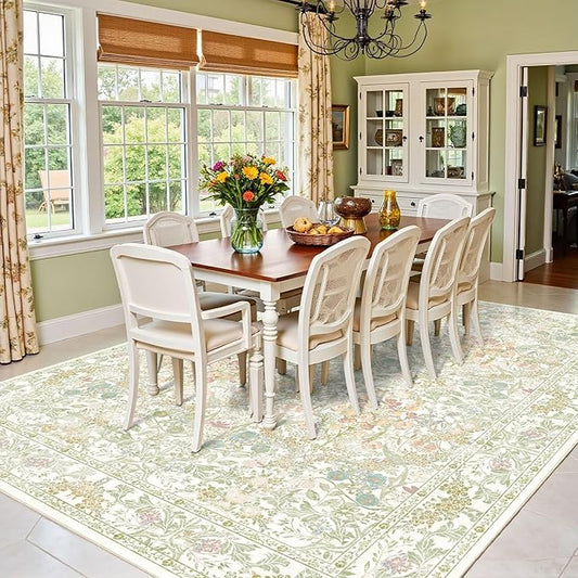 Floral Sage Green Washable Area Rugs 9x12 for Living Room, Vintage Large Thin Botanical Rug for Bedroom, Dining Room Under Table - Cottagecore Soft Boho Accent Carpet with Low Pile & Non-Slip