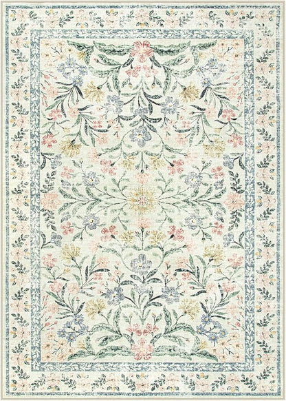 Wonnitar Boho Floral Washable Rugs 5x7, Soft Area Rugs for Bedroom, Ultra-Thin Non Slip Beige Area Carpets, Flower Print Decor Carpet for Living Room Nursery Dining Room Office