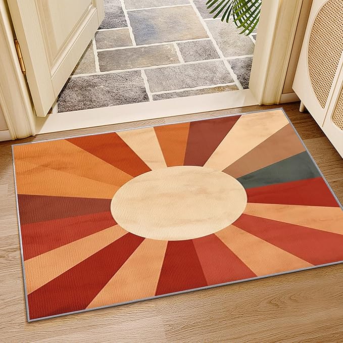 70s Rugs for Living Room -Retro Sun Rug, 4x6 ft, Mid Century Sun Living Room Rug, Red and Orange Washable Area Rugs for Bedroom, Boho Retro 70s Home Decor & Gifts