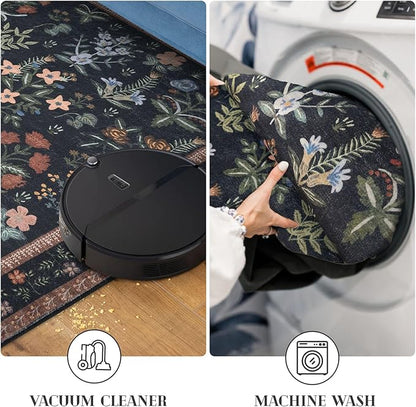 Boho 2x5 Runner, Black Navy Floral Washable Hallway Runner, Non-Slip Kitchen Runner, Super Thin Printed Faux Wool Soft Carpet for Entryway, Front Door, Backdoor, Bedside