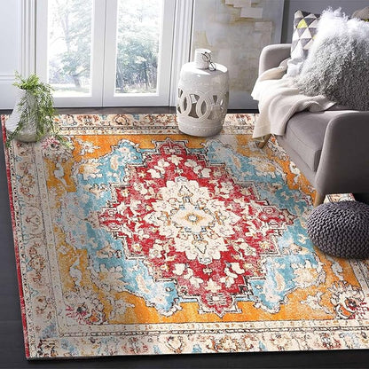Bohemian Pattern Rectangular Area Rugs for Living Room Bedroom 4 x 6 ft Red & Orange Abstract Non-Shedding Soft Low Pile Rug Non Slip Washable Rug for Nursery Entryway Playroom