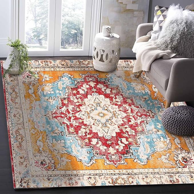 Bohemian Pattern Rectangular Area Rugs for Living Room Bedroom 2.8 x 5 ft Red & Orange Abstract Non-Shedding Soft Low Pile Rug Non Slip Washable Rug for Nursery Entryway Playroom
