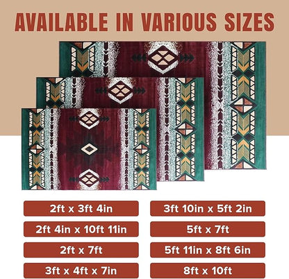 YHSF South West Native American Area Rug C318 - Easy Clean, Thick, Soft, Durable Native Tribal American Indian Inspired Rug for Bedroom/Living Room and More - Burgundy, 2 ft 4 in x 10 ft 11 in