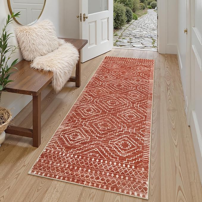 Wonnitar Moroccan Runner Rug 2x6, Washable Hallway Runner Rugs with Rubber Backing,Bohemian Geometric Kitchen Runner Non-Skid Soft Indoor Carpet for Bathroom Laundry Room (Brown,2'x6')
