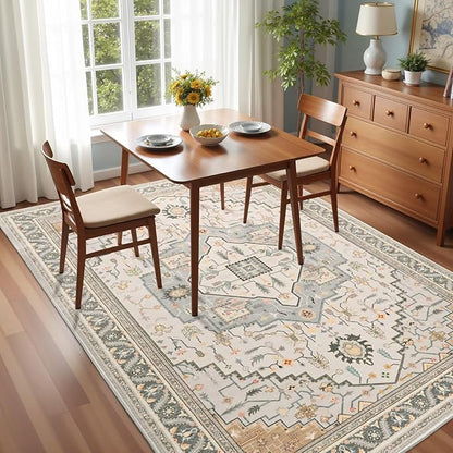 5x7 Grey Beige Area Rug for Living Room, Machine Washable Rugs with Non-Slip Backing for Bedroom, Vintage Medallion Carpet Dining Room Office Kids Room Decor
